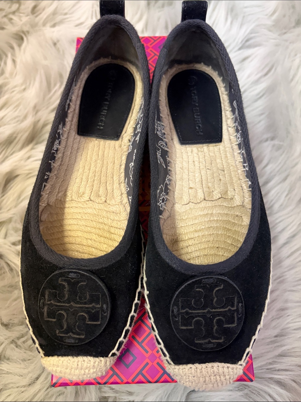 Tory Burch Black Suede Espadrille Flats with Logo Medallion